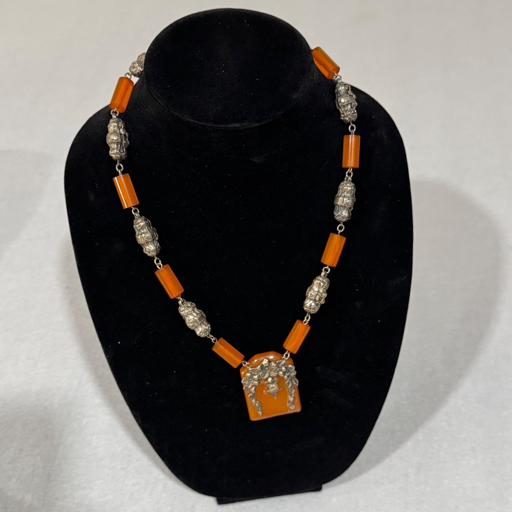 Vintage Bakelite Necklace Women Orange Sterling Silver Floral Pendant Art Deco